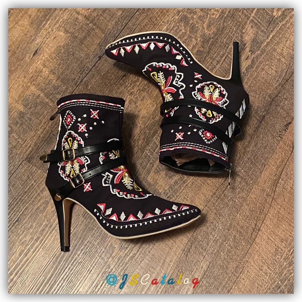 NEW Embroidered Black Patterned Women's Heeled Boots - Size 38